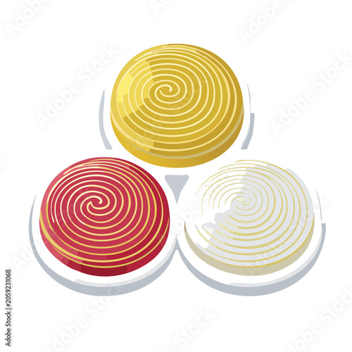 Three colorful cinnamon rolls in flat design