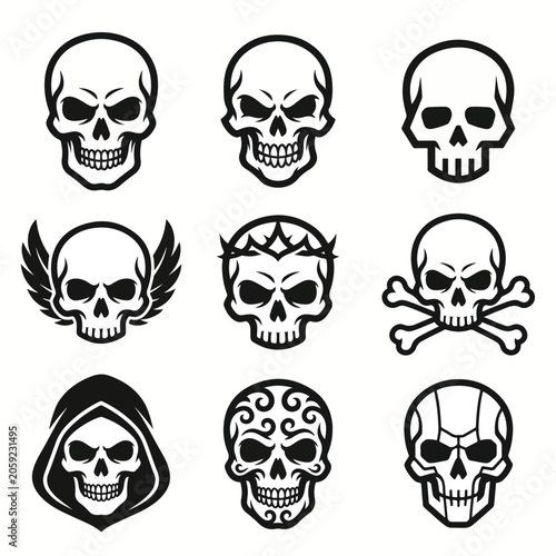Collection of various skull icons with different designs and expressions in black and white