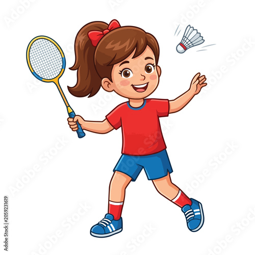 Happy young girl playing badminton with racket and shuttlecock in casual sportswear