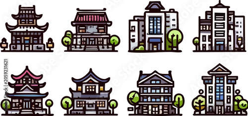 Photos Intricate Vector of Holy Temple and Traditional Pagoda Buildings with Sacred Out