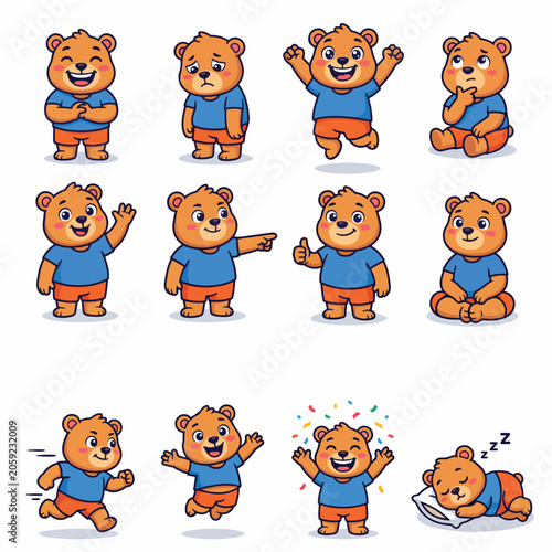 Set of cartoon bear emoticons with various gestures and expressions on white background