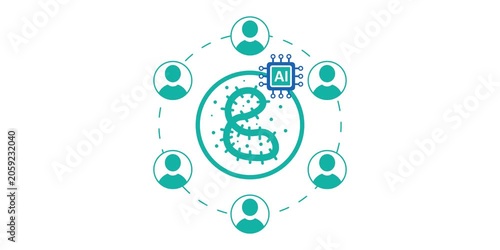 Connected profile nodes surrounding virus particle with artificial intelligence element. Disease transmission tracking concept scene. Healthcare monitoring technology graphic. Clean interface element 