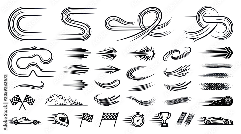 Naklejka premium Speed Lines, Racing Elements, Motion Graphics, Abstract Swirls, Vector Set