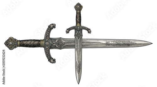 Obraz na płótnie Two ornate medieval swords crossed on white background, historical weapon