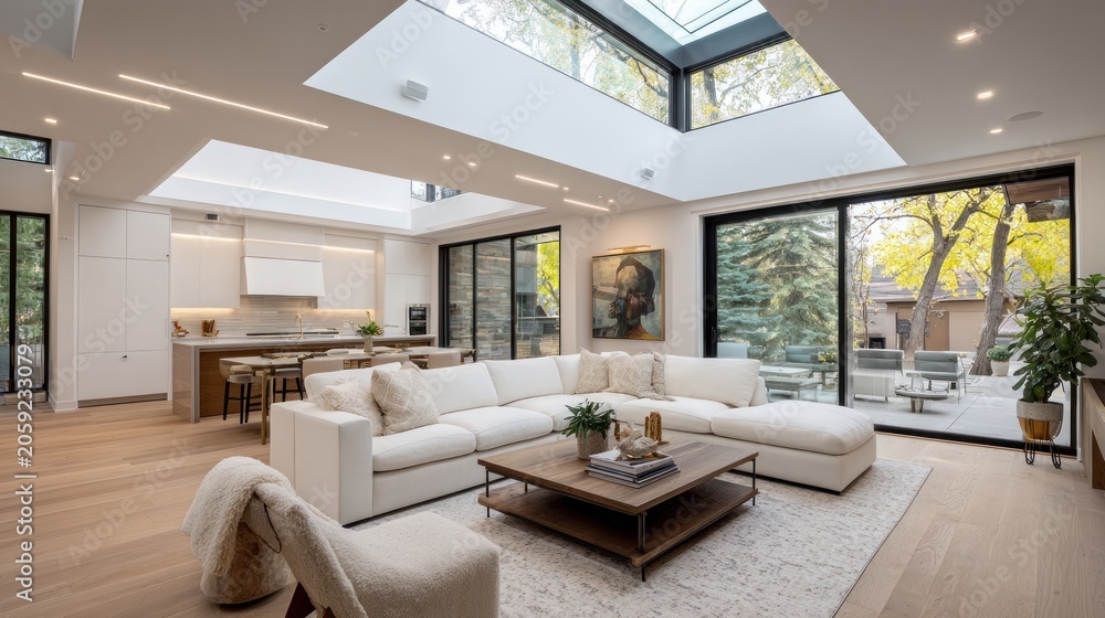 Fototapeta premium Modern luxury interior design with large windows