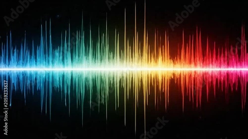 A vibrant rainbow colored sound wave equalizer on a black background