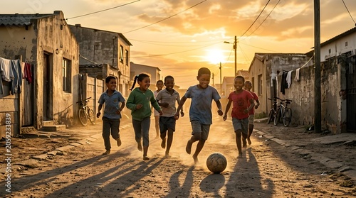 African kids running and playing football on a dusty street at sunset, South Africa