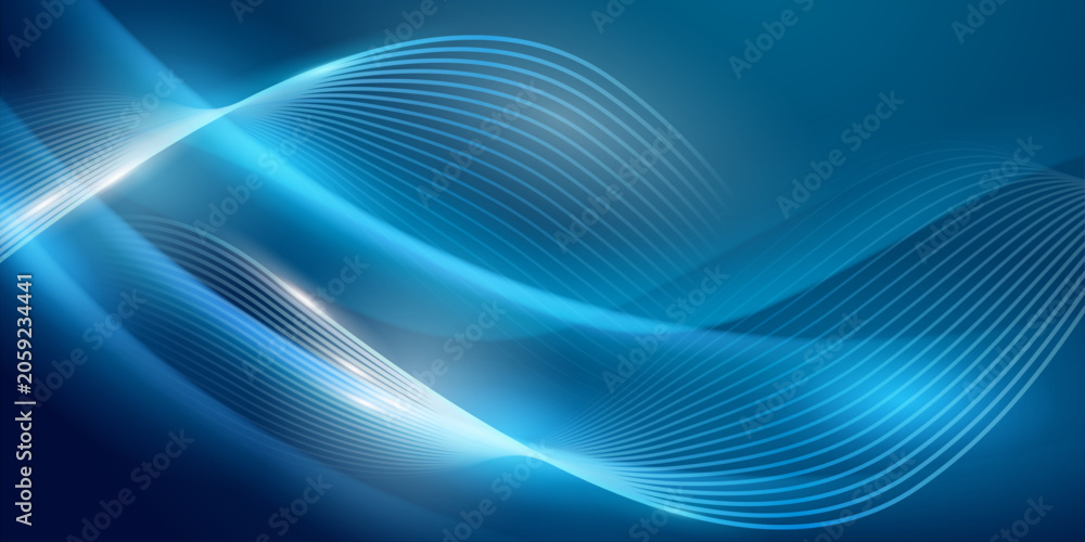 Naklejka premium Abstract digital background featuring elegant glowing light waves on deep blue.