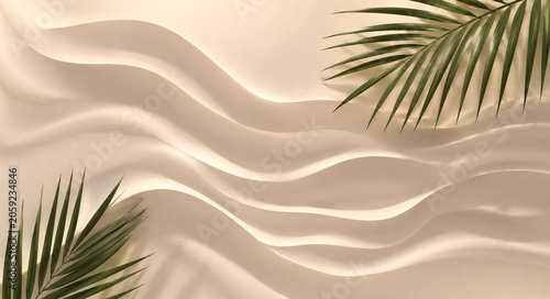 AI generated abstract tropical background flowing beige wave textures green palm leaves soft shadows elegant minimal design clean copy space for modern branding