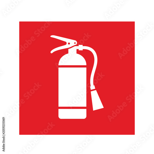 Simple white fire extinguisher icon on red background for safety signage and emergency information