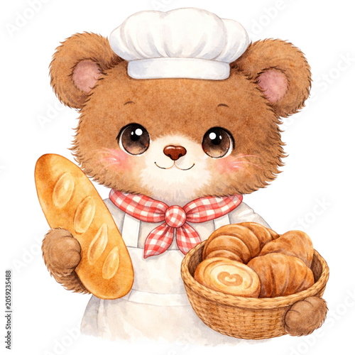 クマのパン屋さんと焼きたてパンの水彩風イラスト