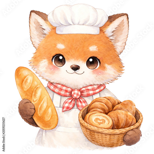 きつねのパン屋さんと焼きたてパンの水彩風イラスト