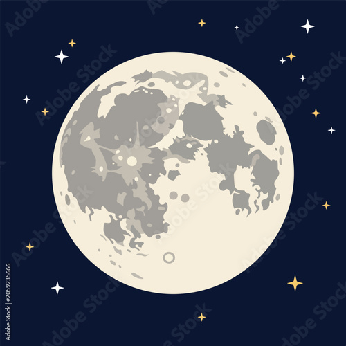 Illustration of a full moon glowing in a starry night sky with celestial bodies