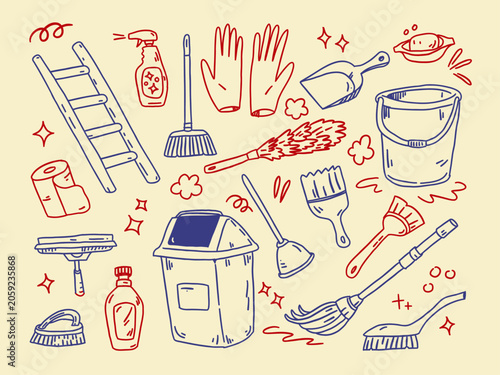 Colorful illustration of cleaning tools and supplies in a playful arrangement showcasing hygiene