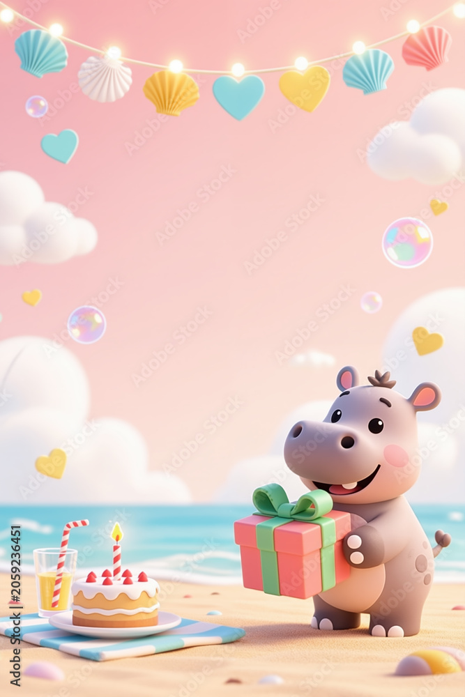 Fototapeta premium A cartoon hippo holds a wrapped gift on a sunny beach, surrounded by pastel colors, hearts, and seashells, with a birthday cake and drink nearby, in a whimsical 3D style.