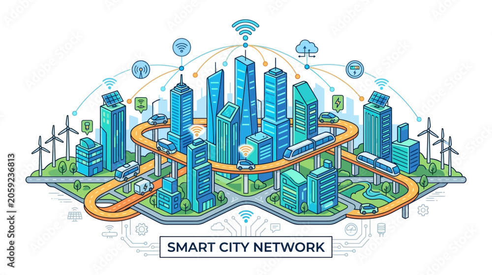 Fototapeta premium Smart City Network Isometric Illustration