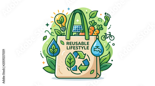 Reusable Lifestyle Eco-Friendly Tote Bag and Sustainability Icons Vector