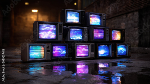 A collection of vintage televisions stacked in an alleyway, each displaying vibrant, abstract light patterns. The wet ground reflects the colorful screens, creating a mesmerizing visual effect