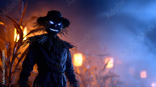 A creepy scarecrow with glowing eyes stands in a cornfield at night, with lanterns hanging from stalks, evoking a sense of Halloween and spooky fun