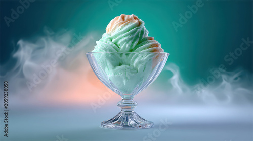 A refreshing mint and peach ice cream swirl in a crystal glass, with wisps of dry ice smoke adding a dramatic flair