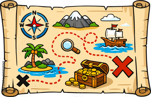 Cartoon Pirate Treasure Map on Old Scroll Parchment with Treasure Chest, Compass, Sailing Ship, Palm Island and Dotted Path – Adventure Fantasy Vector Illustration