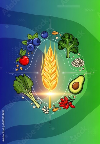 Healthy Food and Nutrition Concept with Fruits Vegetables and Grains.