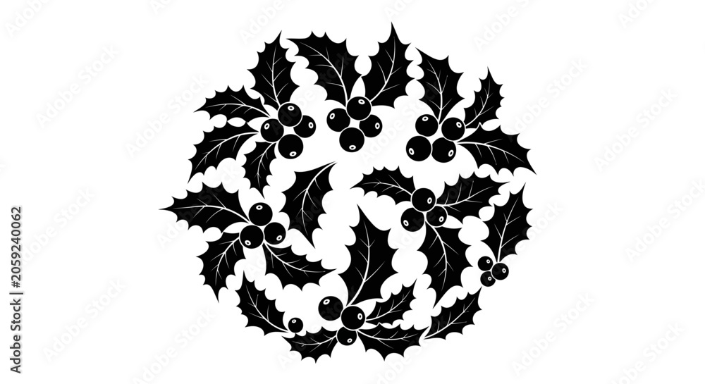 Fototapeta premium Christmas Holly Wreath Garland Circle Design, Black Silhouette Isolated