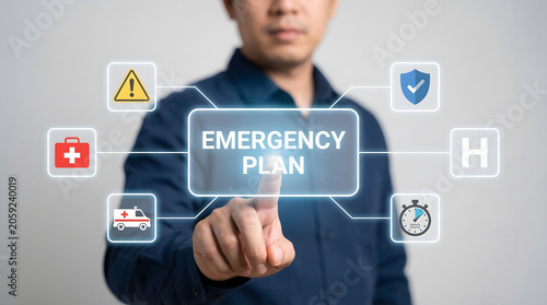 Canvastavla Man activating emergency plan with digital icons