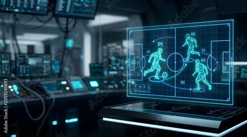 Digital soccer strategy projection displayed on a futuristic interface