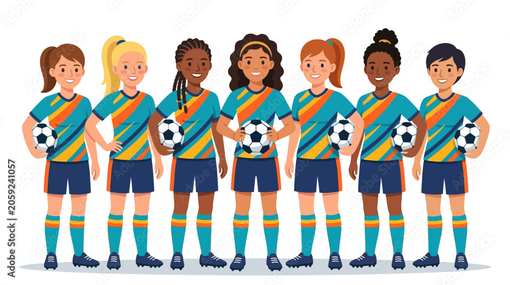 Obraz premium Diverse Female Soccer Team Standing with Balls in Unity, Isolated White Background