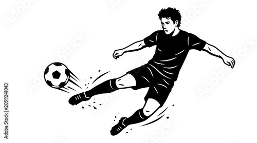 Canvastavla Dynamic male soccer player in mid-air powerfully kicking a football, showcasing athleticism in a black and white illustration on an isolated white background