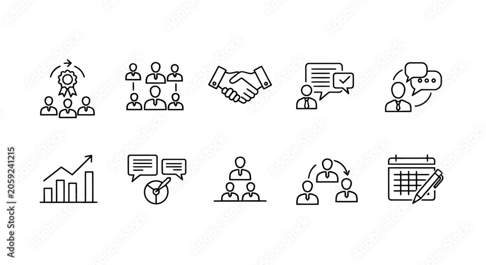 Fototapeta premium Icon set depicting collaboration, teamwork, and business communication.