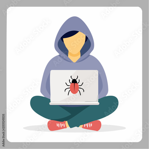 Hacker with Laptop Showing Bug Icon