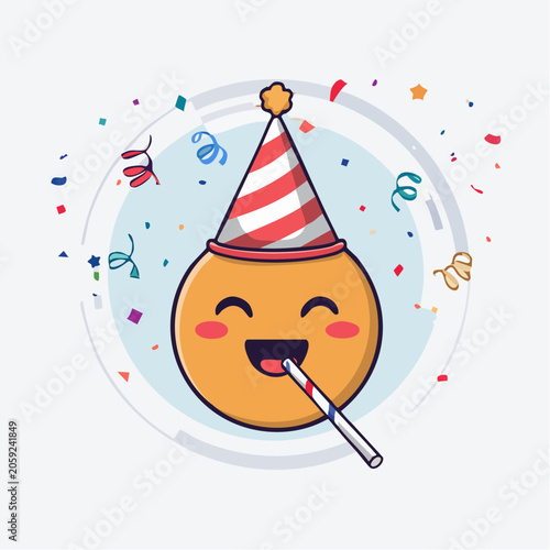 Happy Emoji Celebrating with Party Hat and Confetti
