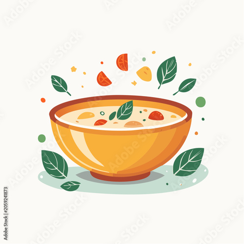 Illustration of a Bowl of Soup with Floating Ingredients