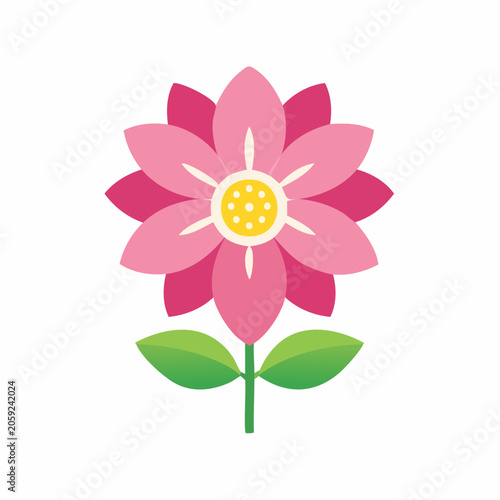 Stylized Pink Flower with Yellow Center and Green Leaves