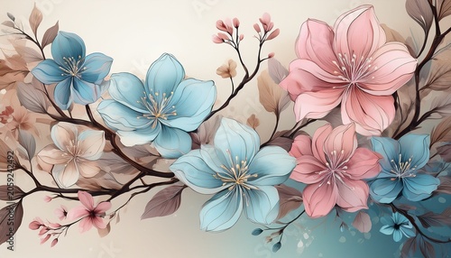 Charming Illustration Of Flowering Branches With Pastel Pink And Blue Blossoms On A Light Background