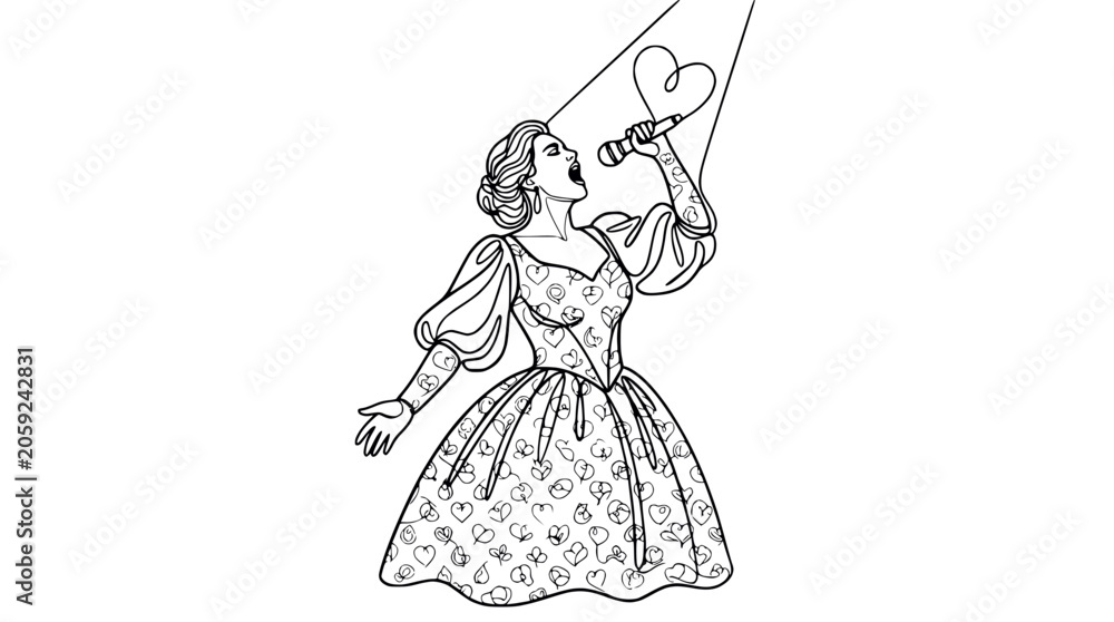 Fototapeta premium Singer Performing with Heart-Shaped Microphone Light and Patterned Dress