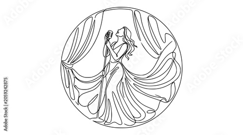 Photos Elegant Singer Performing on Stage with Flowing Curtains, Continuous Line Art