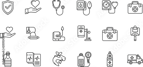 Foto Medical healthcare and blood pressure monitoring linear icon set featuring heart