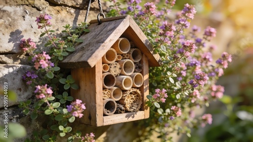 Wooden insect hotel hanging on a stone wall surrounded by blooming purple flowers in a sunny garden