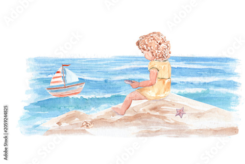 Little girl sitting on a sandy beach and watching a sailboat on the sea. Watercolor coastal illustration with copy space for nursery wall art, children's room decor, posters and personalized prints