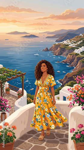 Woman in floral dress enjoying Mediterranean sea view