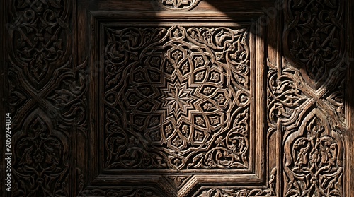 Ornate traditional wood carving with geometric floral patterns