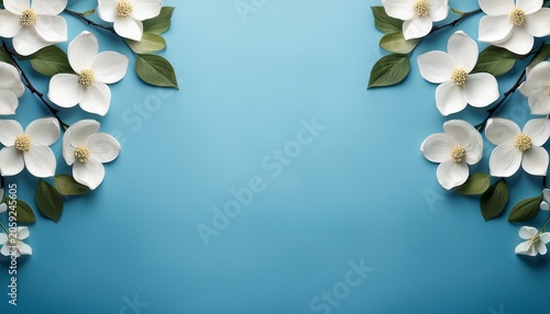 Branches Of White Dogwood Flowers Border With Soft Blue Copy Space Background