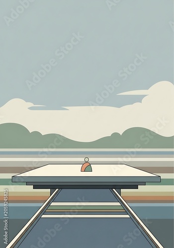 Modern outdoor terrace overlooking tranquil lake with mountains.