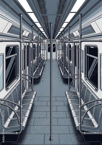 Modern Subway Interior with Empty Seats and Doors.