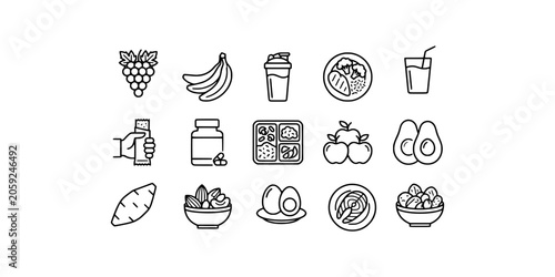 Schilderij op canvas Icon set collection of healthy food and nutrition linear icons, featuring fresh produce, superfoods, balanced meals, and dietary supplements