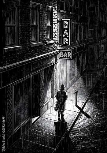 Lonely Man Standing Outside Bar at Night in Urban Alley.
