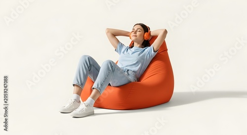 Young woman relaxing on bean bag chair listening music with headphones enjoying leisure time